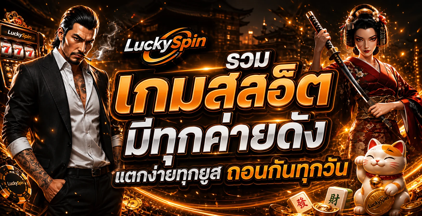 แบนเนอร์ LuckySpin สล็อตและเกม PG Soft โทนส้มดำ